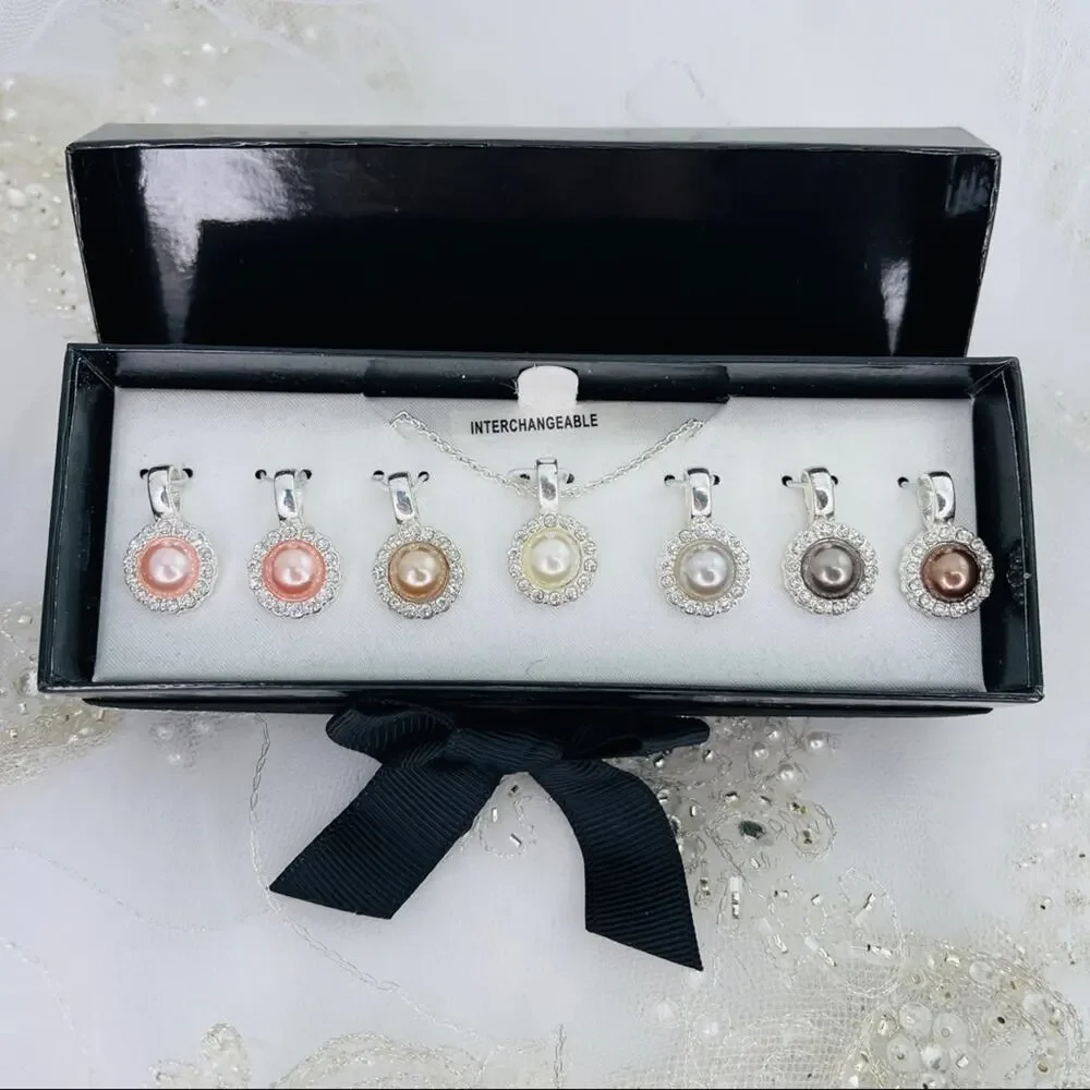 Interchangeable Pendants on chain faux pearl and rhinestones 7 pendants NIB
